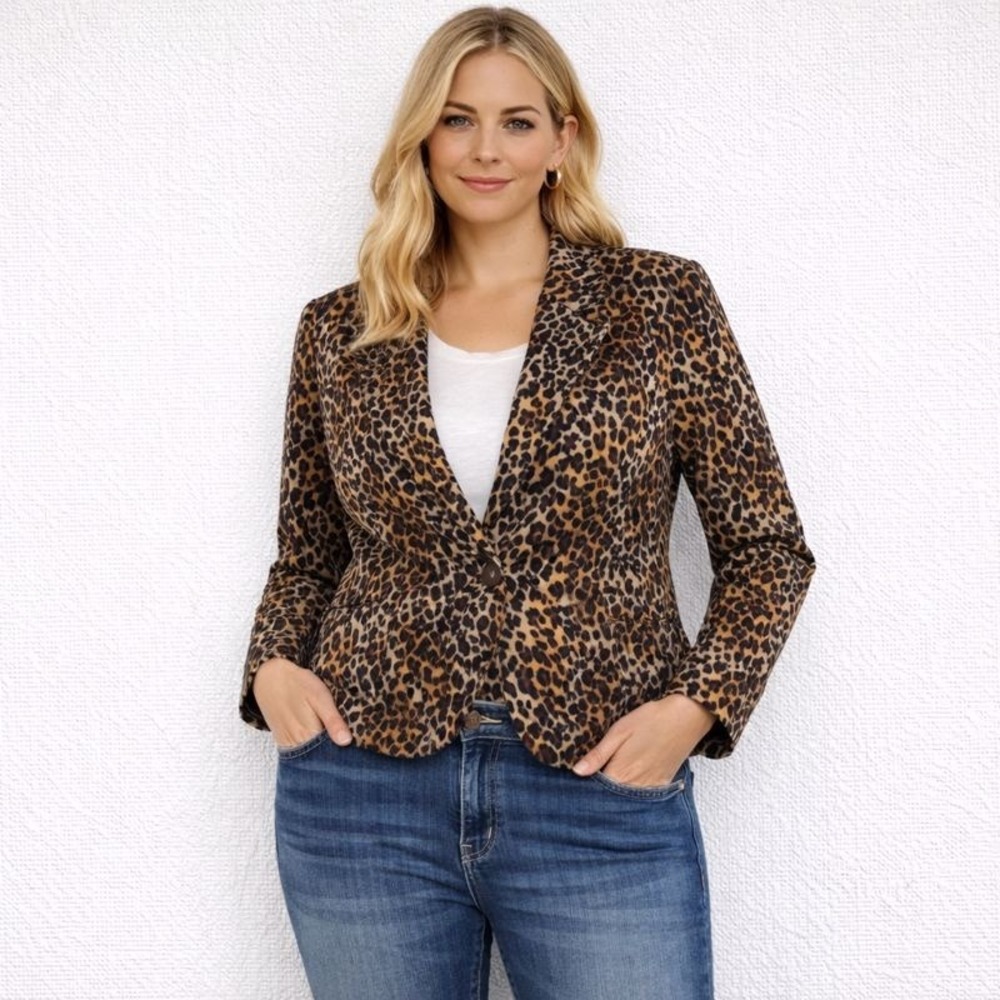 LARRY LEVINE Womens‎ Leopard Print Blazer Jacket Red Lined Single Button Size 12